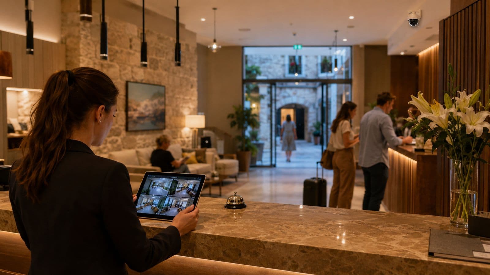 Hotelska recepcija s pregledom ključnih zona nadzora na tabletu iza pulta